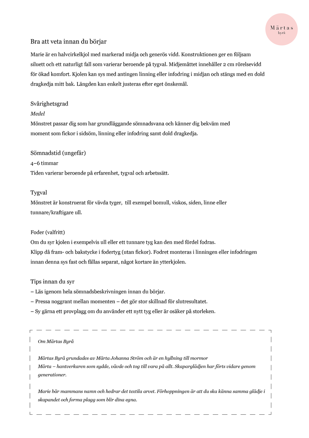 PDF mönster - Marie halvcirkelkjol 34-52