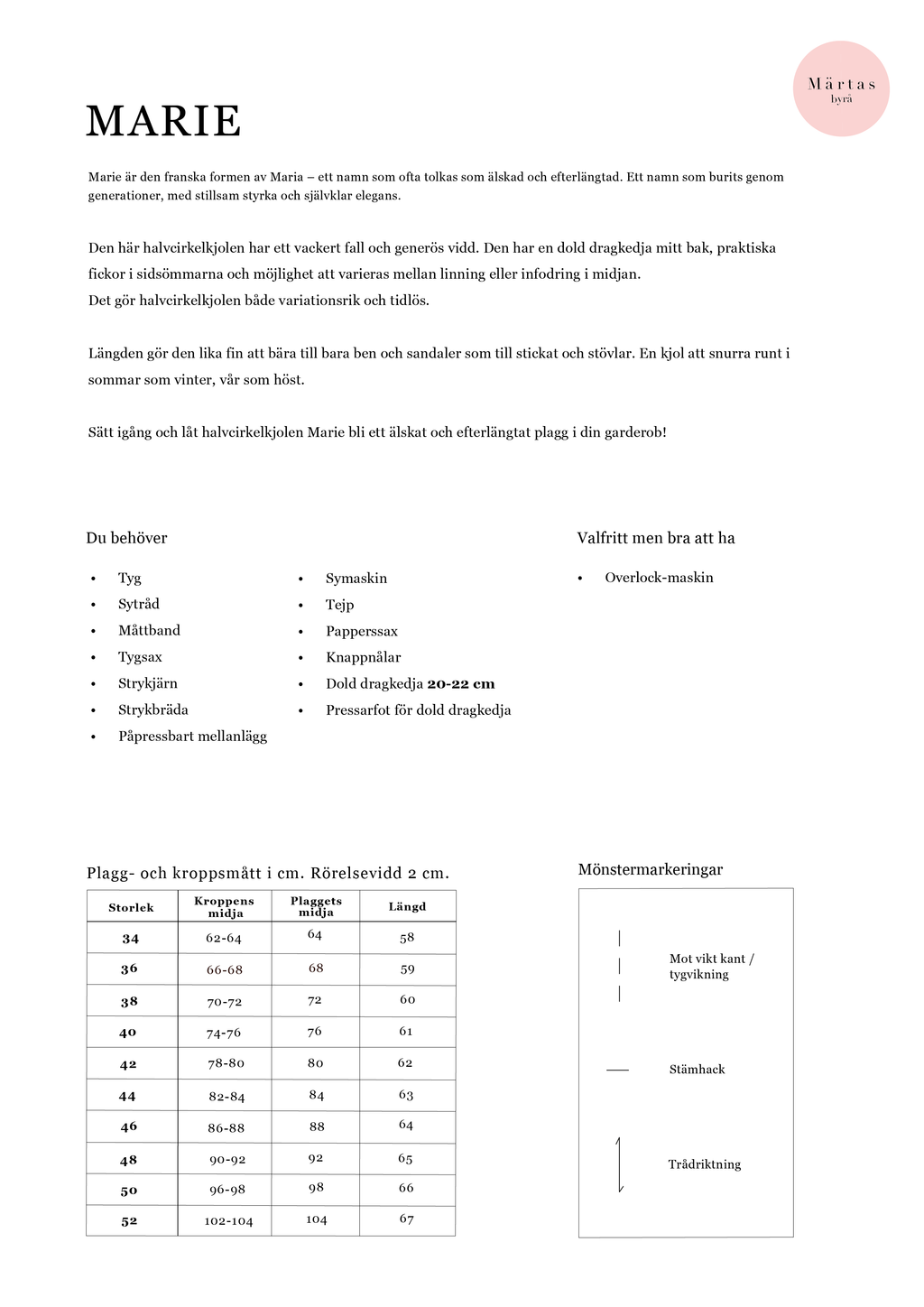 PDF mönster - Marie halvcirkelkjol 34-52