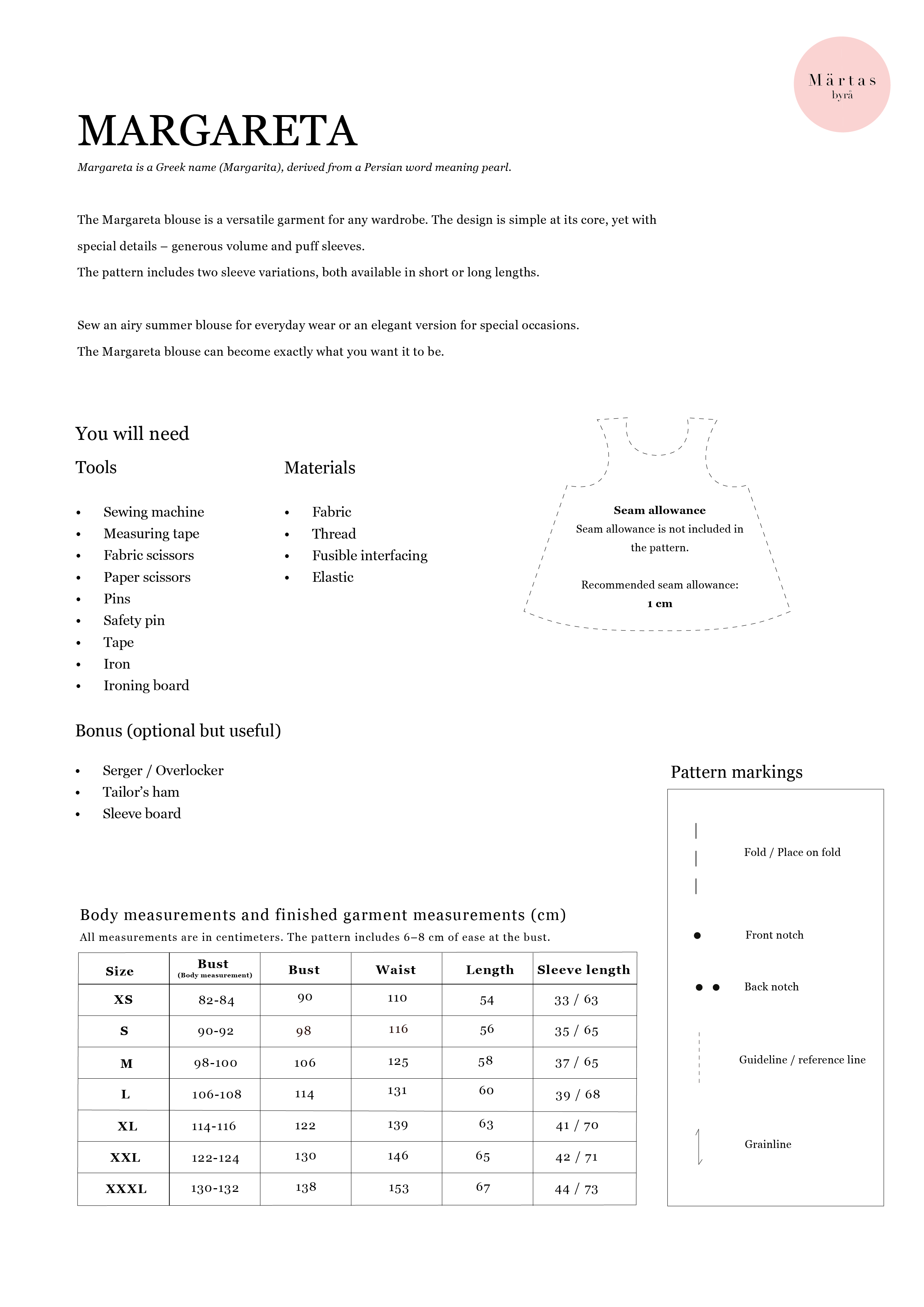 Margareta Blouse Sewing Pattern | Puff Sleeve Blouse | XS–XXXL