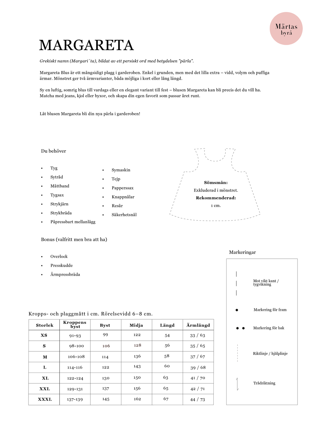 PDF mönster - Margareta blus XS-XXXL