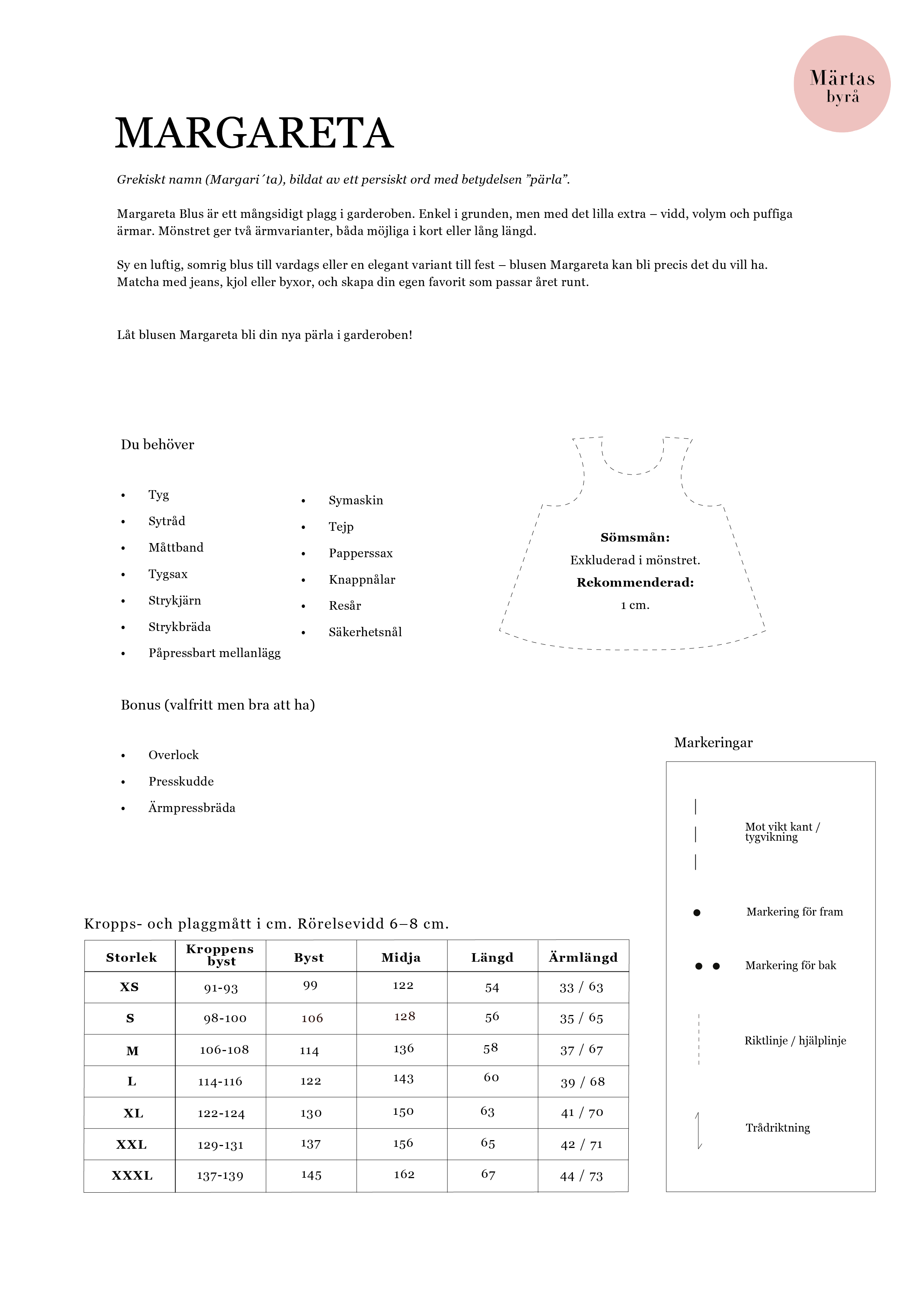 PDF mönster - Margareta blus XS-XXXL