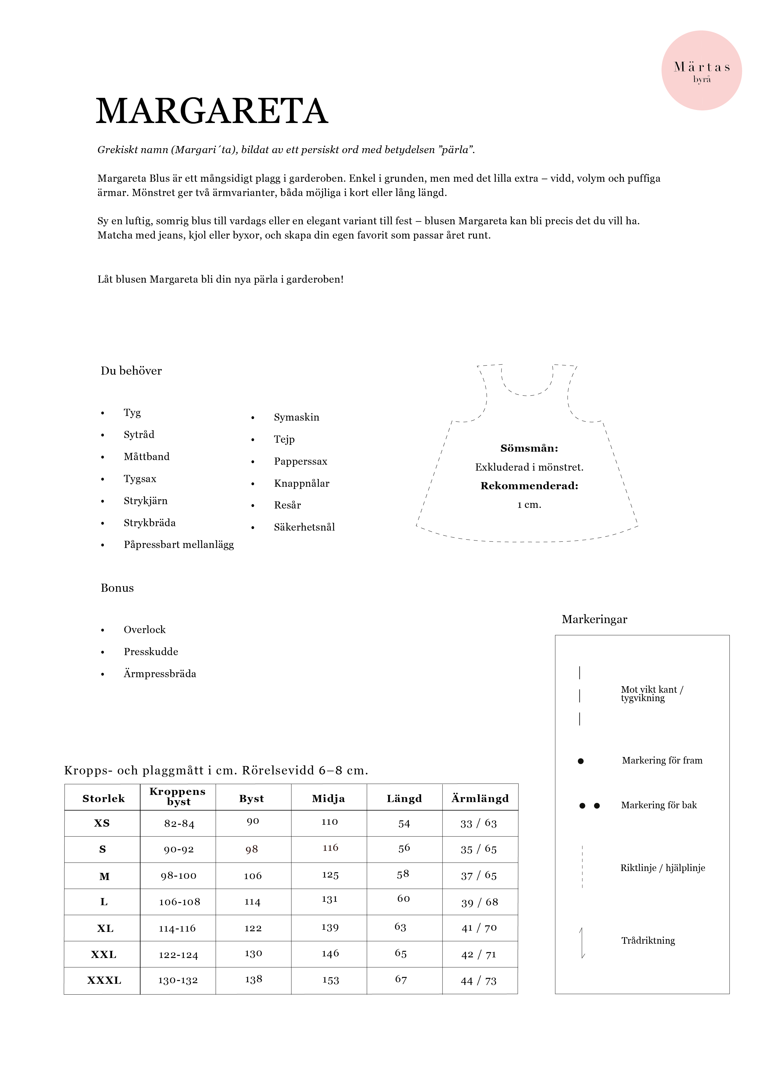 Digitalt mönster - Margareta blus XS-XXXL