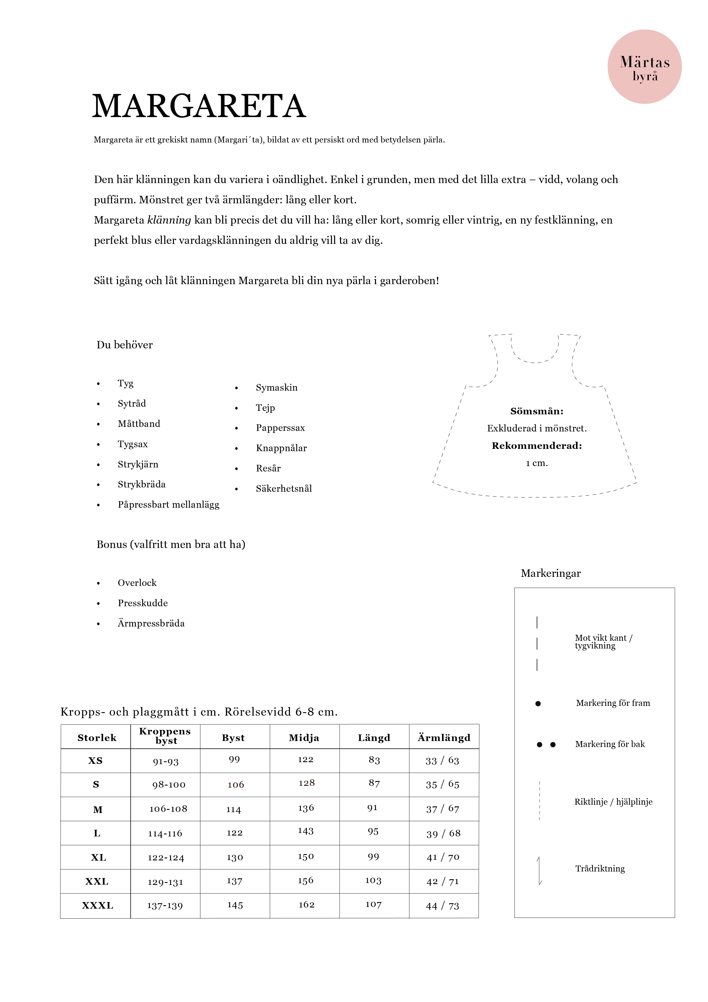 PDF mönster - Margareta klänning XS-XXXL