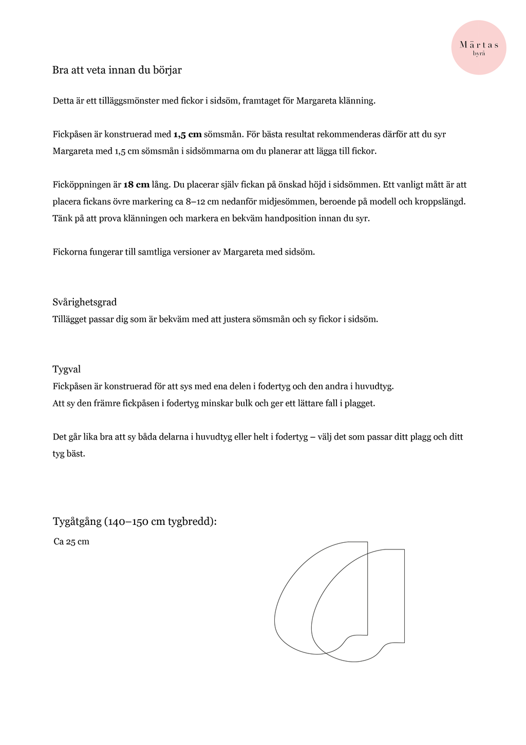 PDF mönster - Fickor i sidsöm (Tillägg till Margareta klänning XS-XXXL)