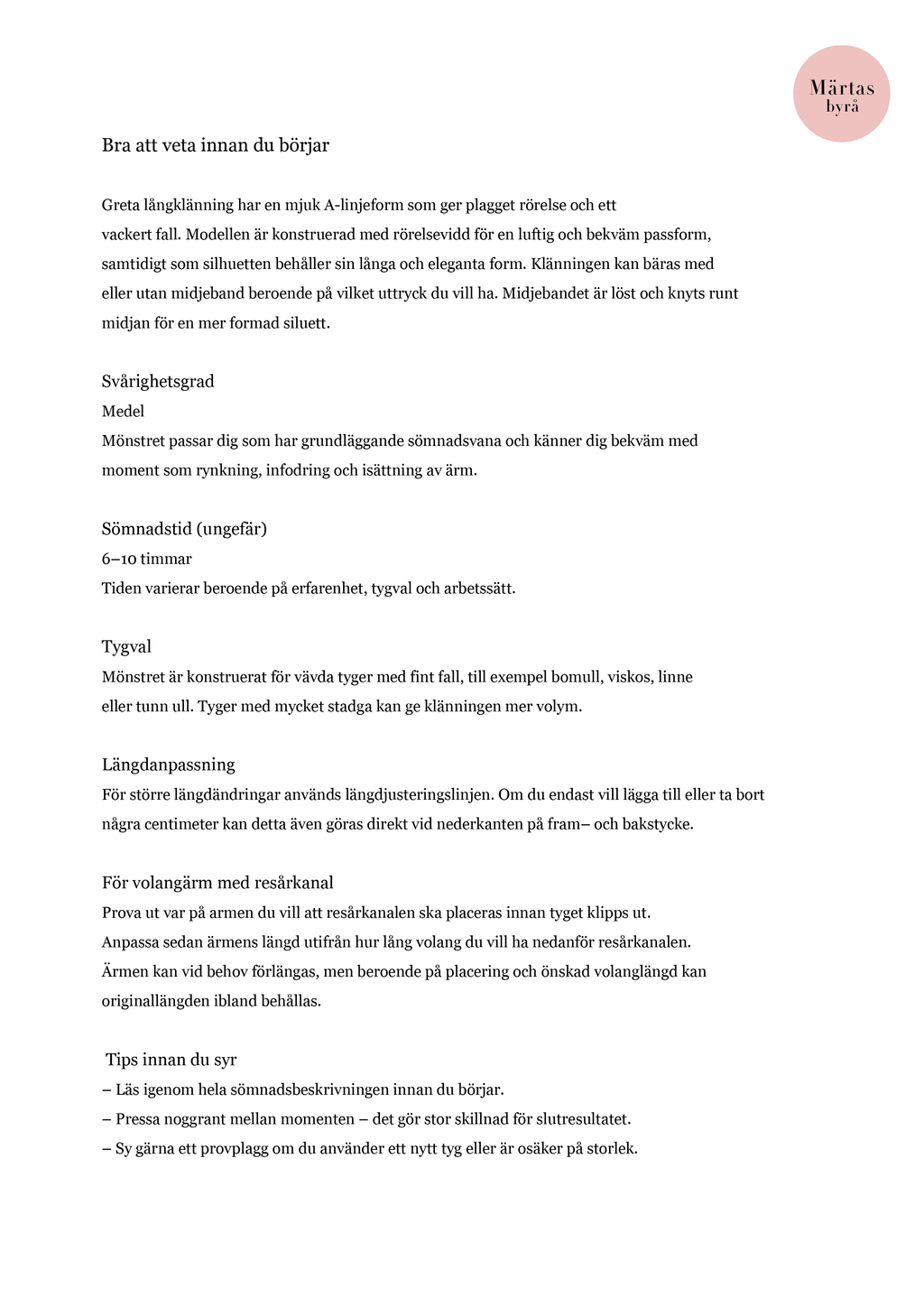 NYHET! PDF-mönster – GRETA Långklänning XS-XXXL