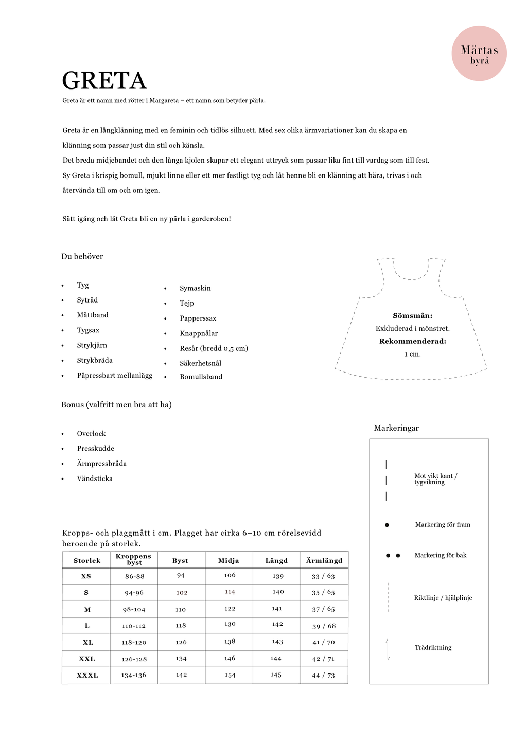 NYHET! PDF-mönster – GRETA Långklänning XS-XXXL